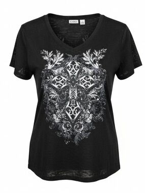 Women's Black V-Neck Cross Graphic Tee